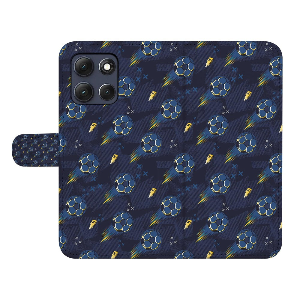 Motorola Moto G86 Bookcase Hoesje Voetbal Design voetbaldessin donkerblauw aanzicht.
