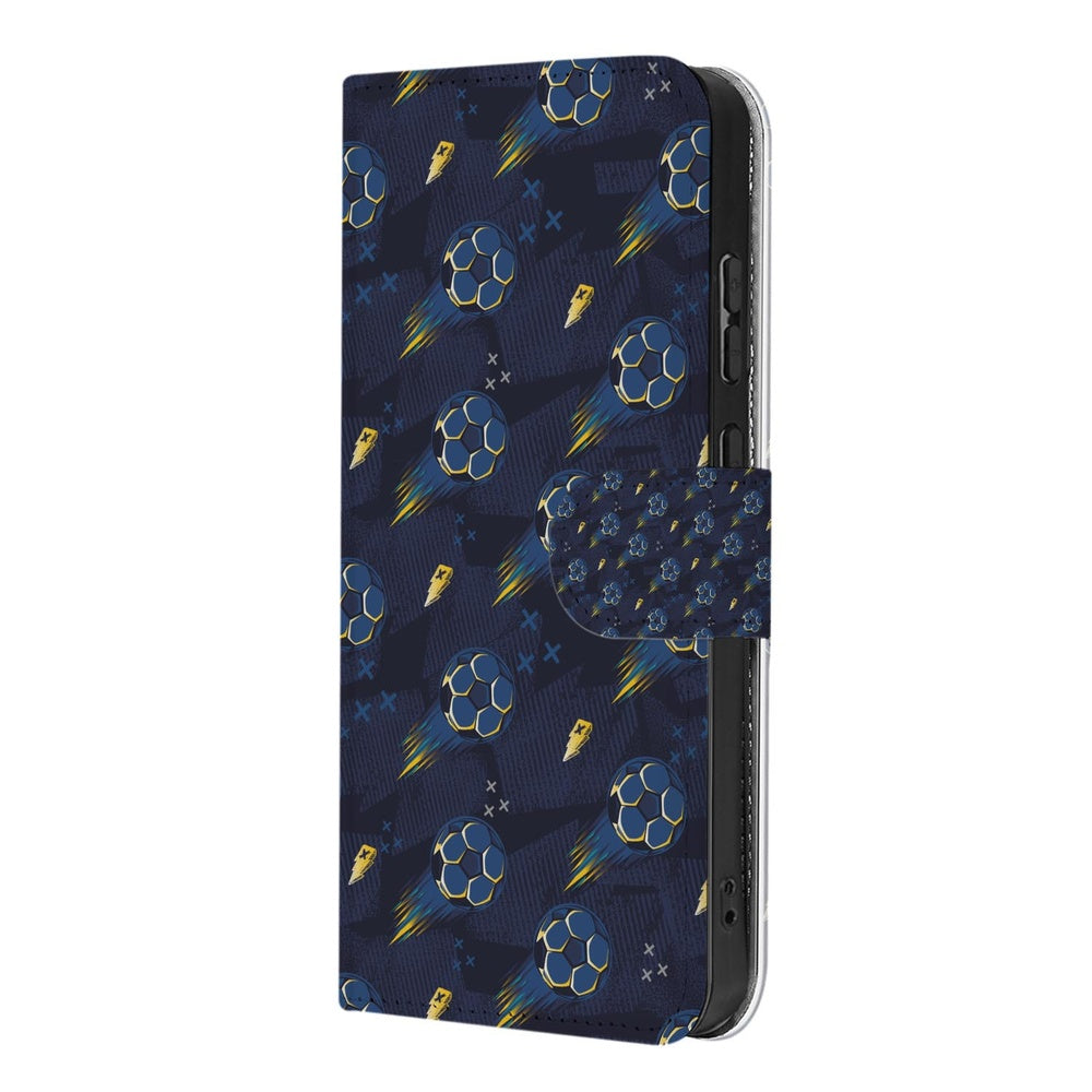 Motorola Moto G86 Bookcase Hoesje Voetbal Design voetbaldesign diepblauw aanzicht.