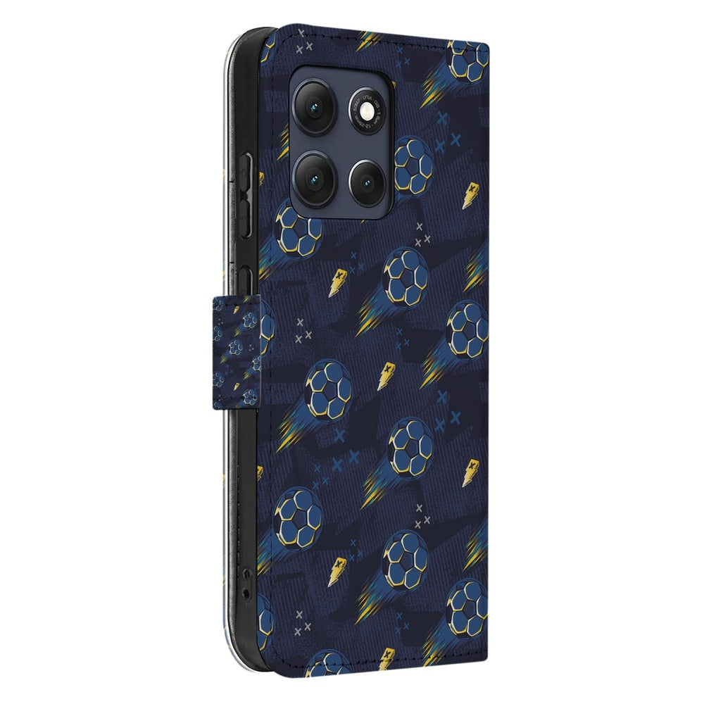 Motorola Moto G86 Bookcase Hoesje Voetbal Design voetbaldessin blauw zijaanzicht.