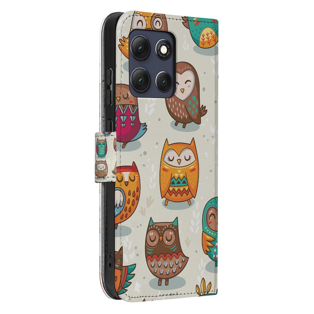 Motorola Moto G86 Bookcase Vrolijke Uilen Pasjeshoesje zijaanzicht.
