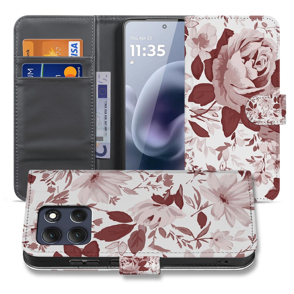 Motorola Moto G86 Watercolor Paars Watercolor Flowers Book Case met rozen- en aquarelblomen ontwerp aanzicht.