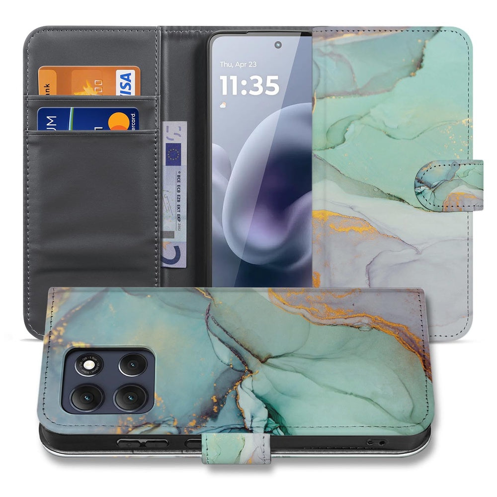 Motorola Moto G86 Bookcase Hoesje Watercolor Mix open view met aquarel-print en gouden accenten.