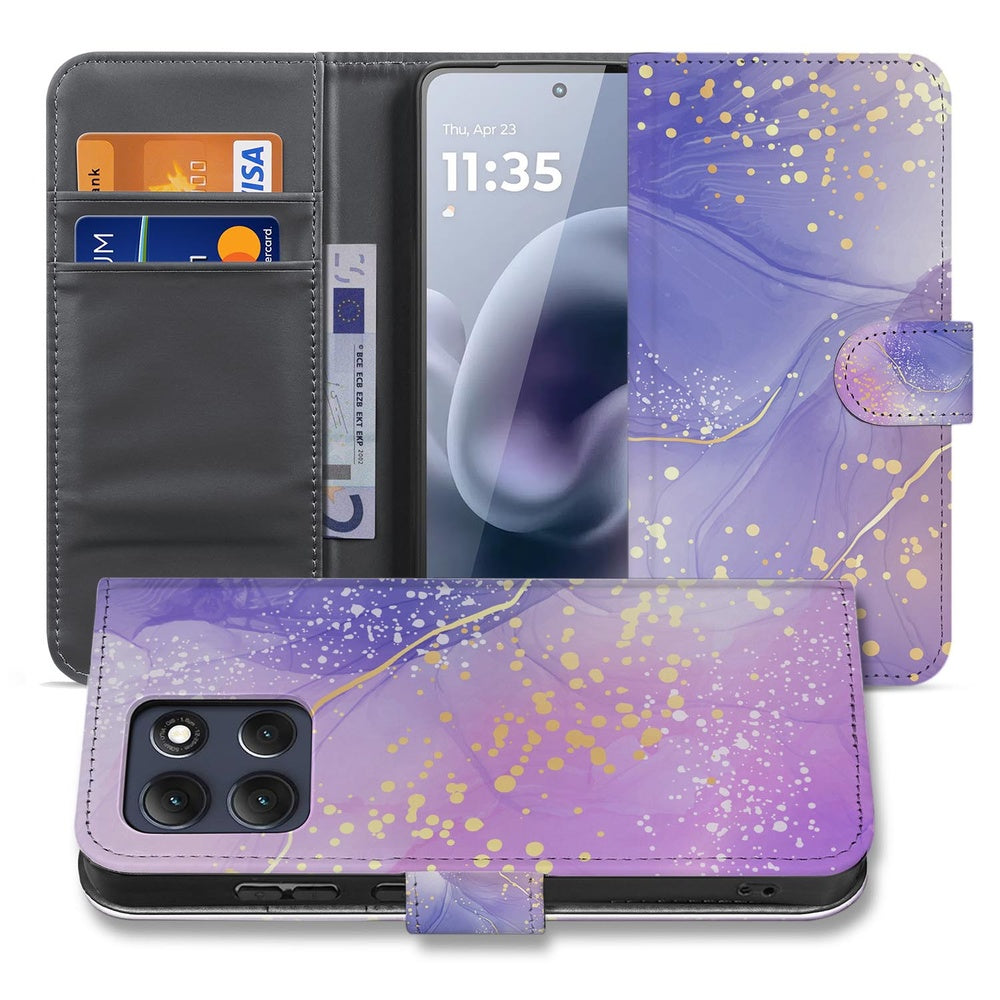 Motorola Moto G86 Plus Hoesje Watercolor Paars Aanzicht met aquarelprint en gouden accenten.