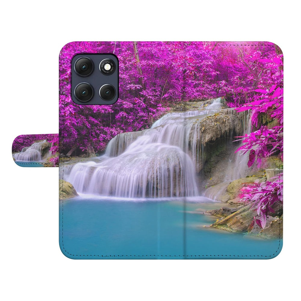 Motorola Moto G86 Portemonnee Hoesje Waterval Paars design waterval met roze bloemen uitzicht.