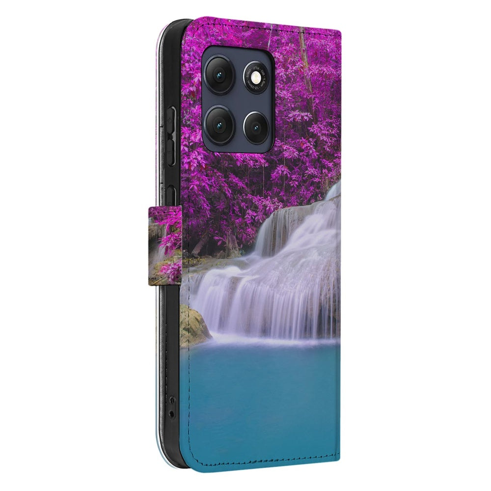 Motorola Moto G86 Portemonnee Hoesje Waterval Paars waterachtige verlopende kleuren met paarse bloemen.
