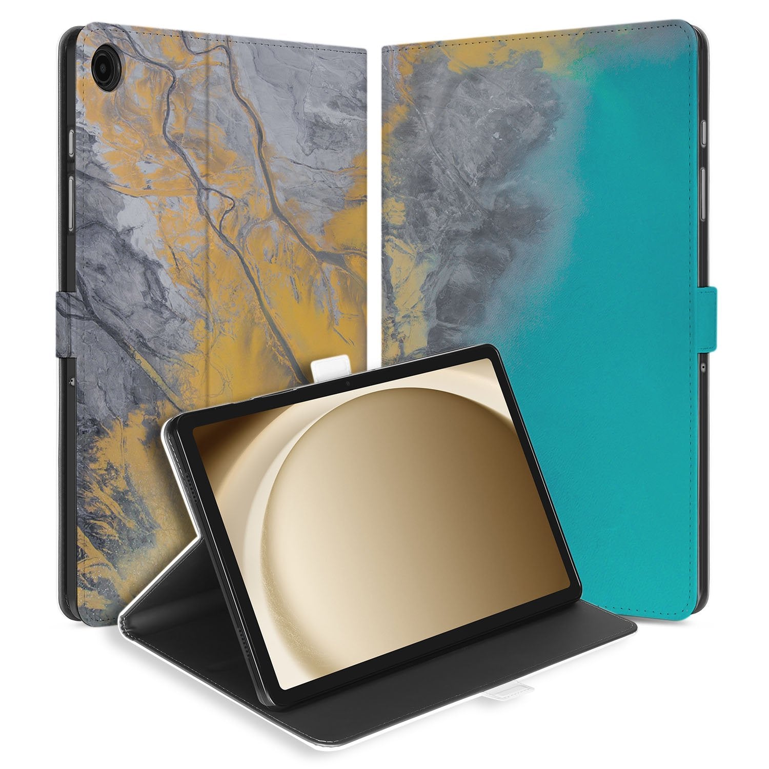 Samsung Galaxy Tab A11 Plus Marble Blue Gold Tablet Hoesje met Standaard design blauw goud aanzicht