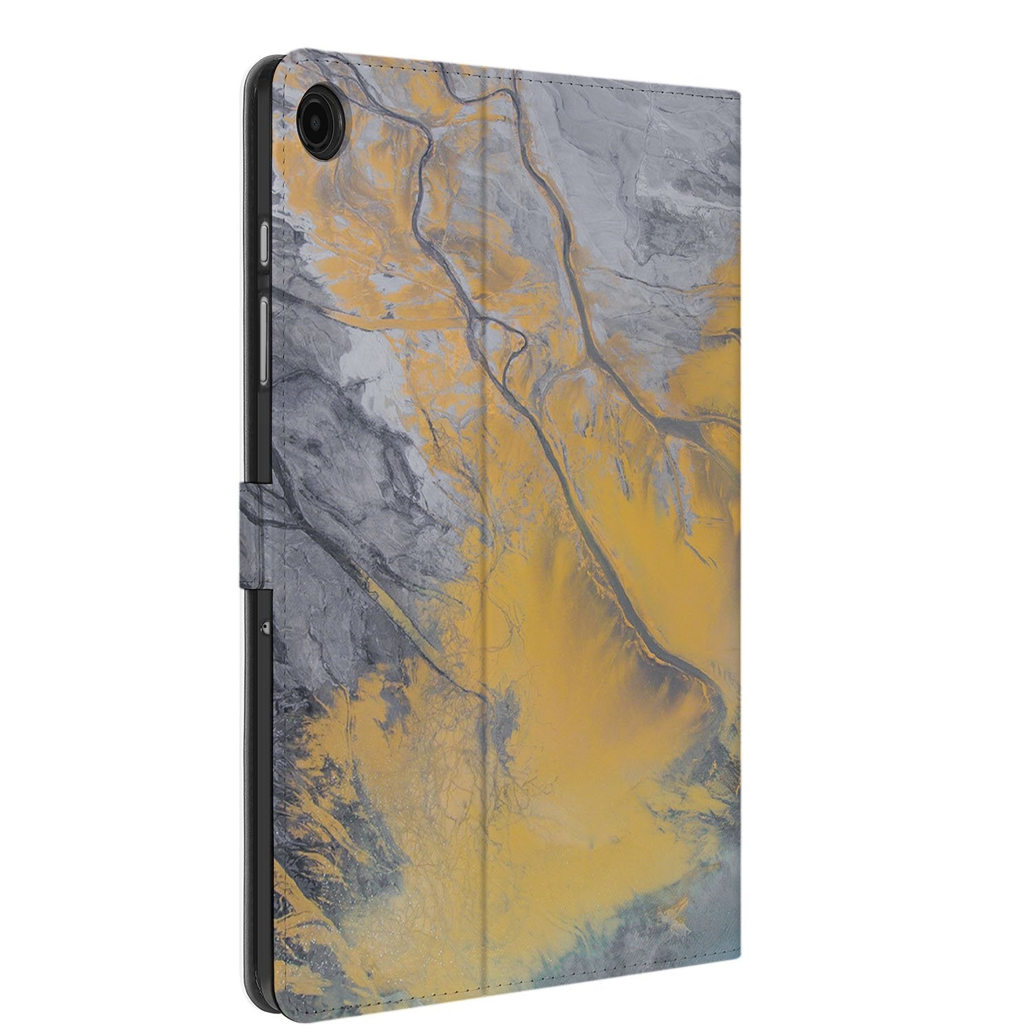 Samsung Galaxy Tab A11 Plus Marble Blue Gold Tablet Hoesje met Standaard design marmer geel grijs aanzicht