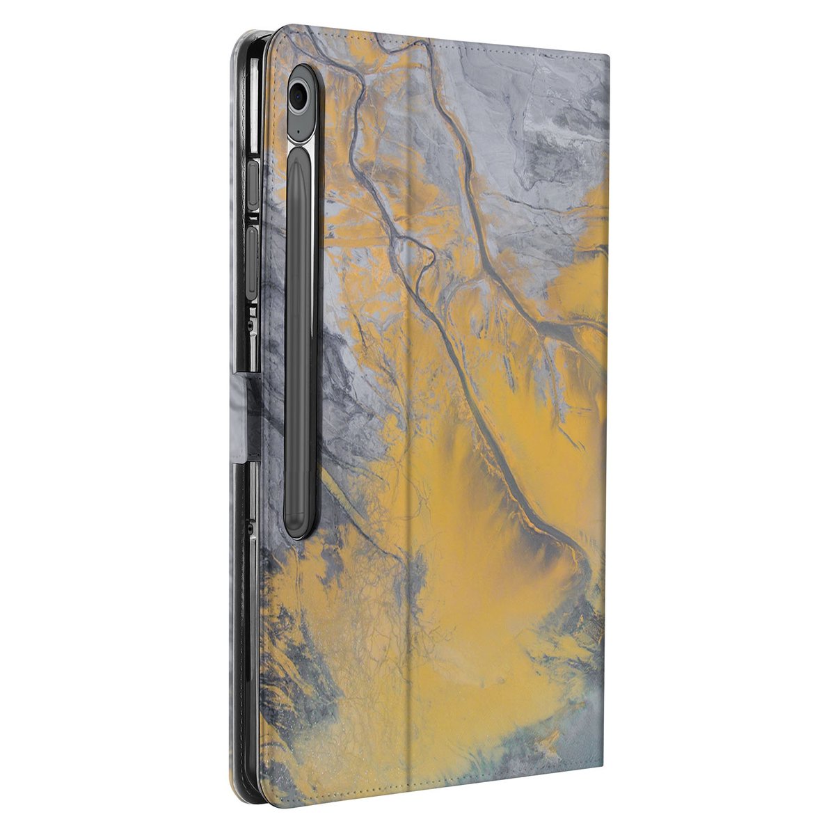 Samsung Galaxy Tab S10 FE Plus Marble Blue Gold Tablet Hoesje met Standaard zijkant