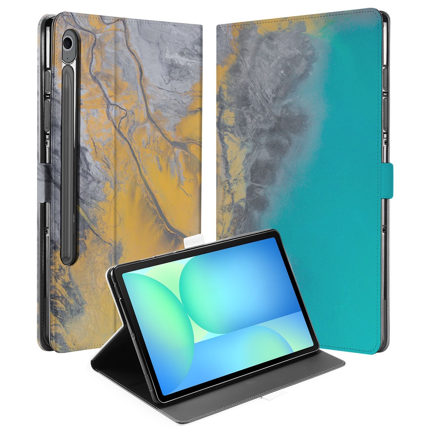 Samsung Galaxy Tab S10 FE | Tab S9 FE Marble Blue Gold Tablet Hoesje met Standaard design voorkant achterkant