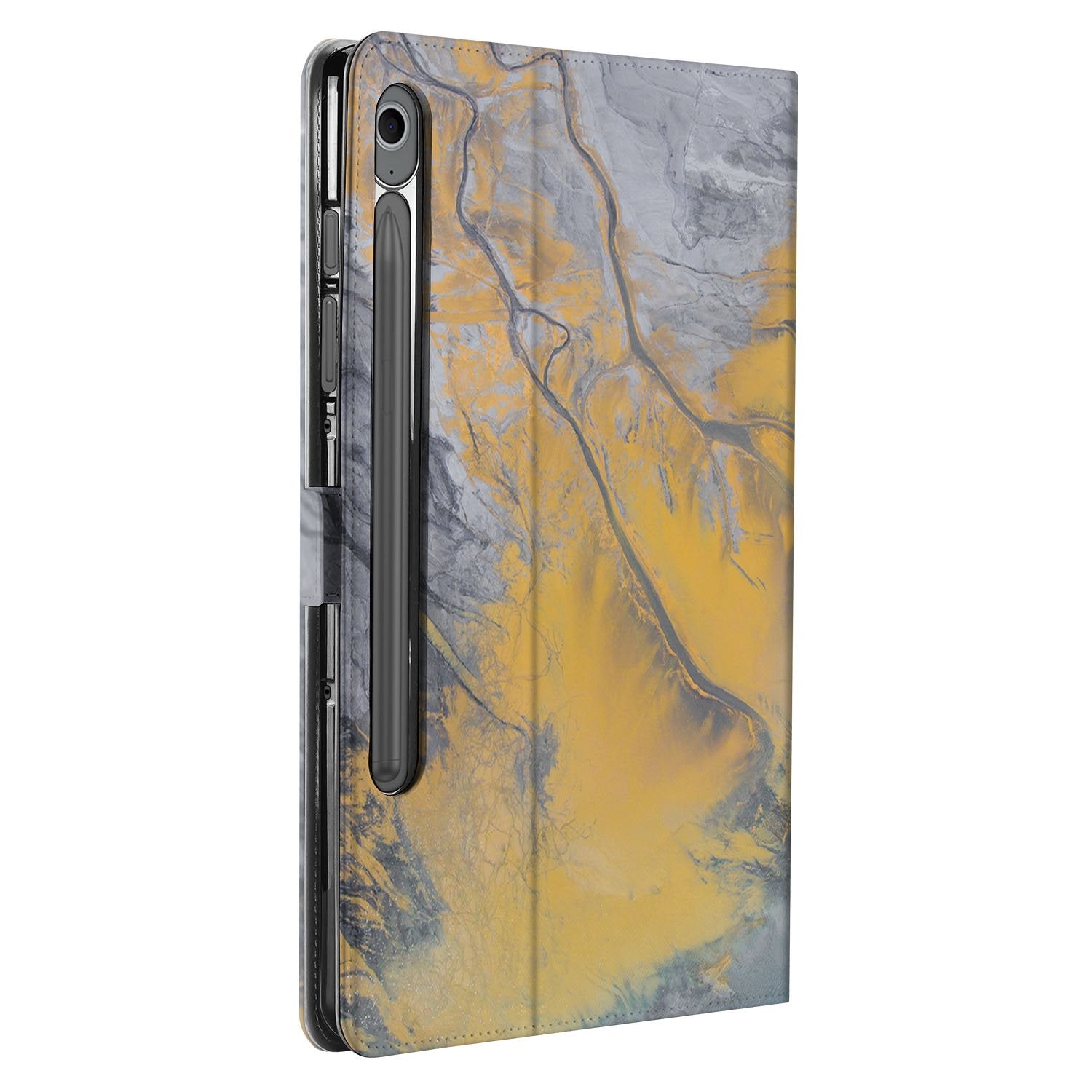 Samsung Galaxy Tab S10 FE | Tab S9 FE Marble Blue Gold Tablet Hoesje met Standaard design grijs en goud aanzicht