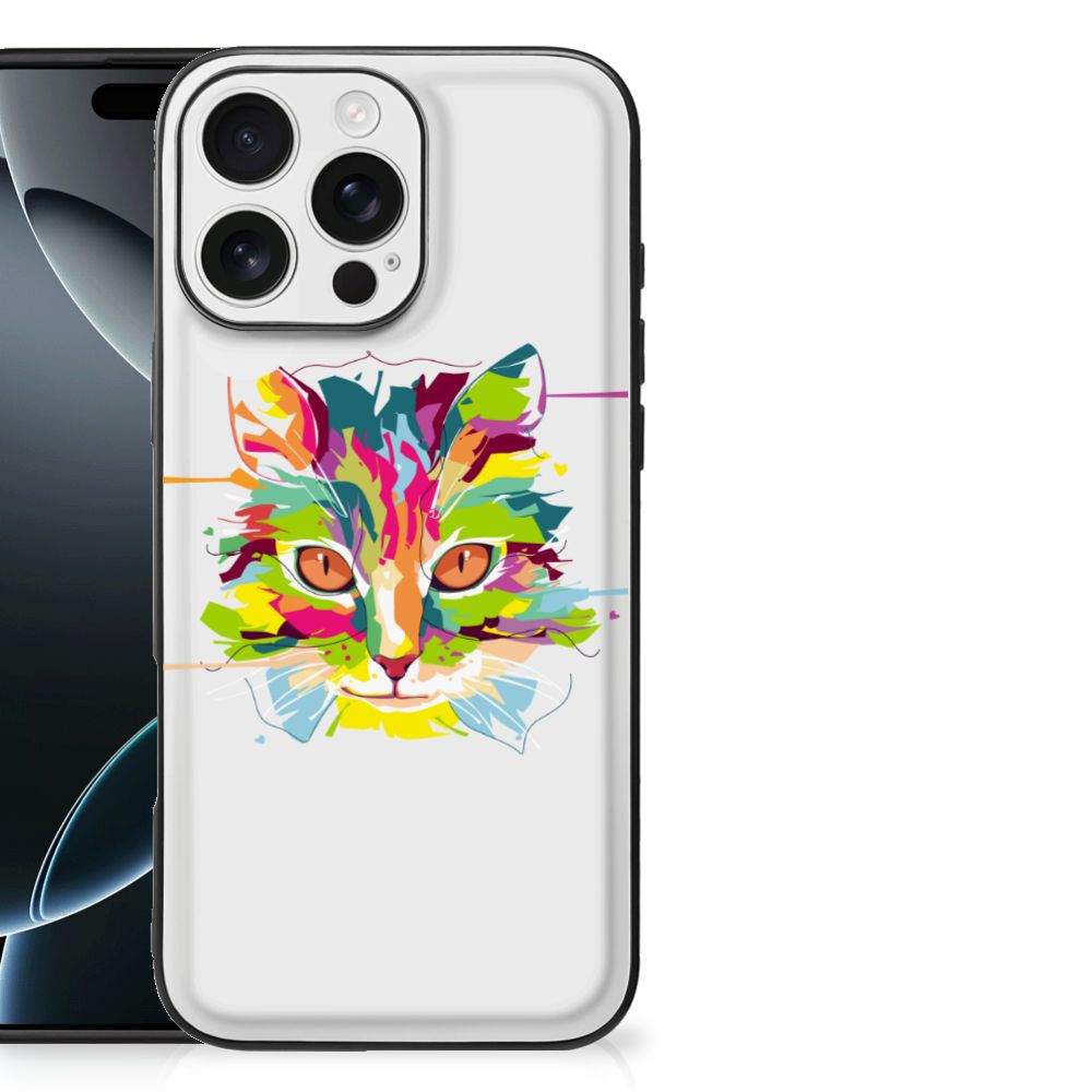 iPhone 16 Pro Max telefoonhoesje kleurrijke kat print aanzicht