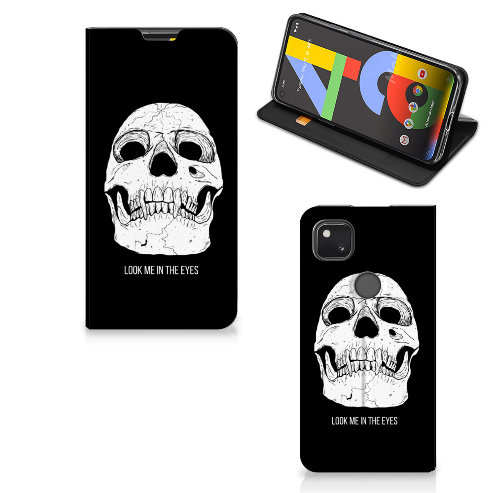 Mobiel BookCase Google Pixel 4a Skull Eyes design voorkant achterkant met telefoon