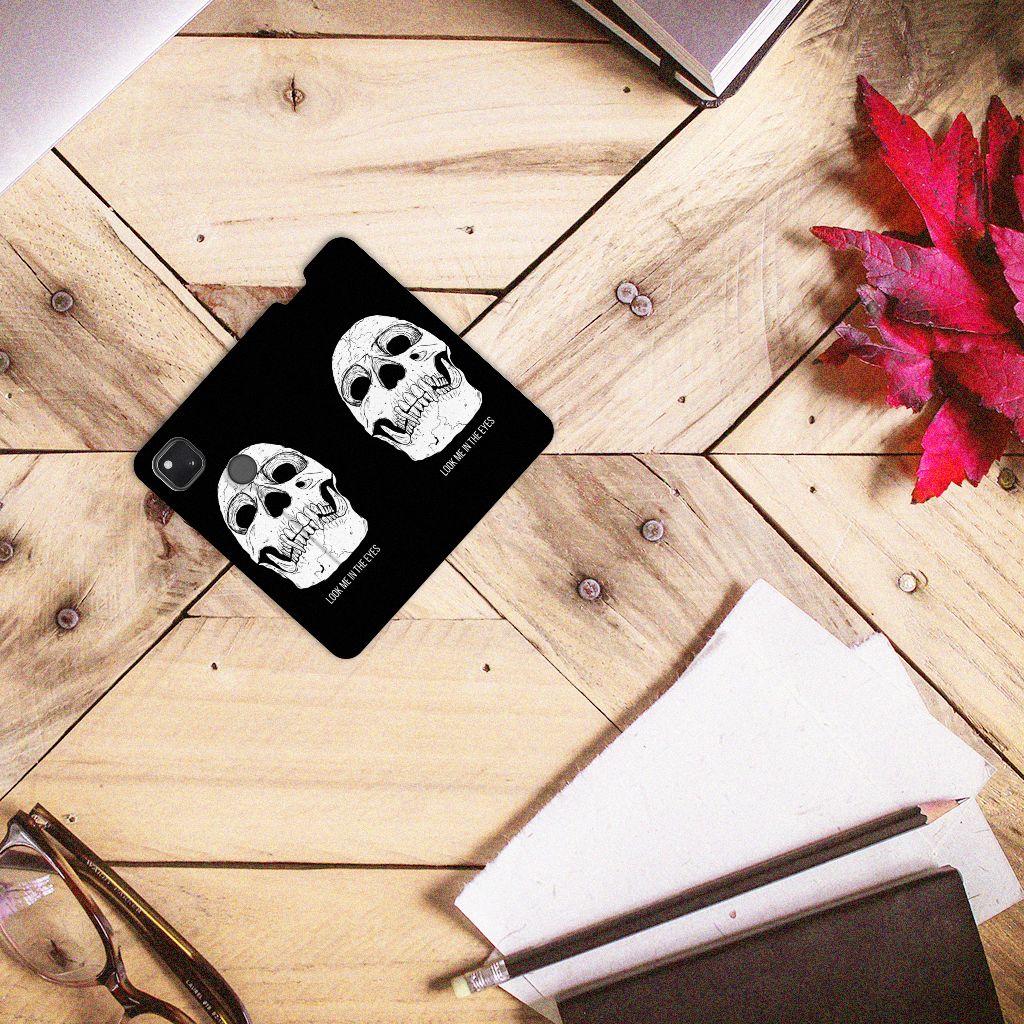 Mobiel BookCase Google Pixel 4a Skull Eyes telefoonhoesje zwart skull design bovenaanzicht