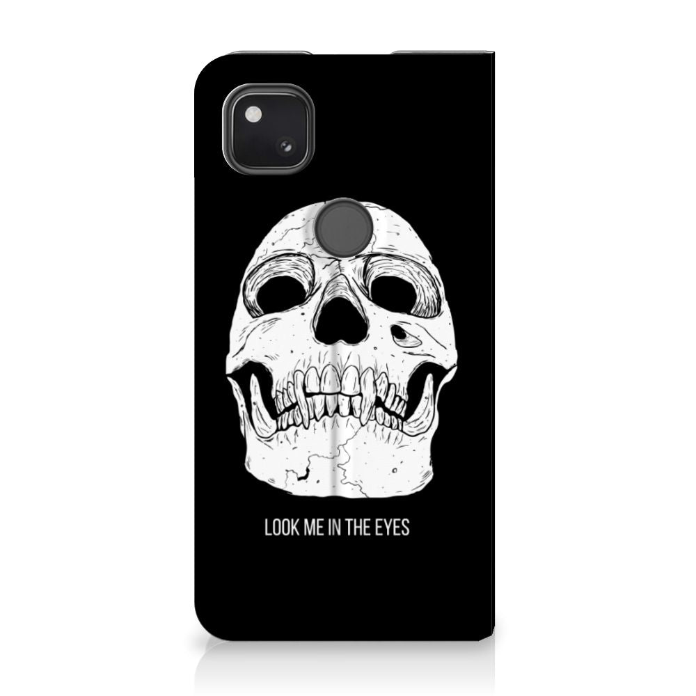 Mobiel BookCase Google Pixel 4a Skull Eyes voorzijde ontwerp