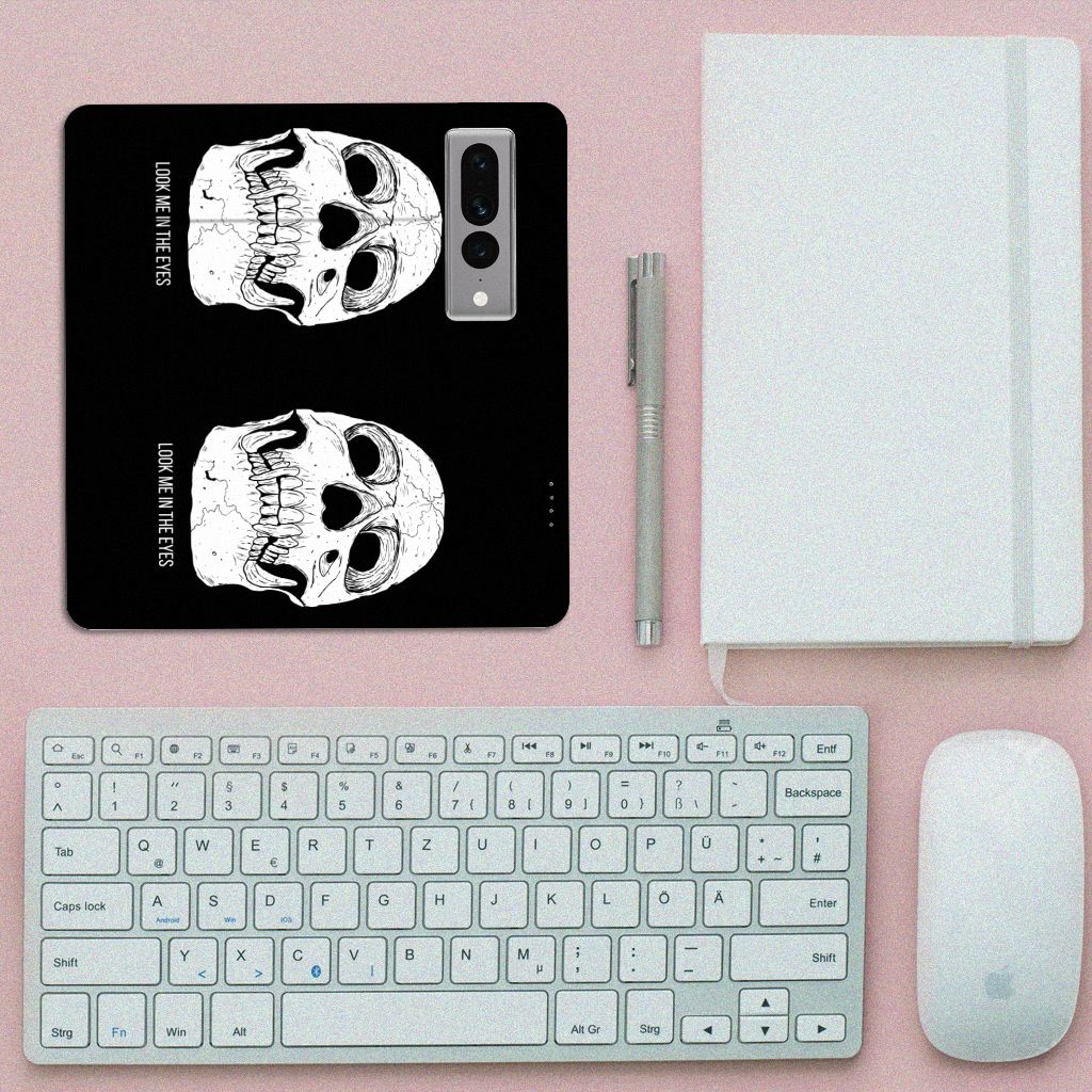 Mobiel BookCase Google Pixel 7 Pro Skull Eyes design bovenaanzicht