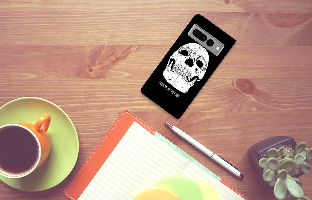 Mobiel BookCase Google Pixel 7 Pro Skull Eyes telefoonhoesje design skull aanzicht