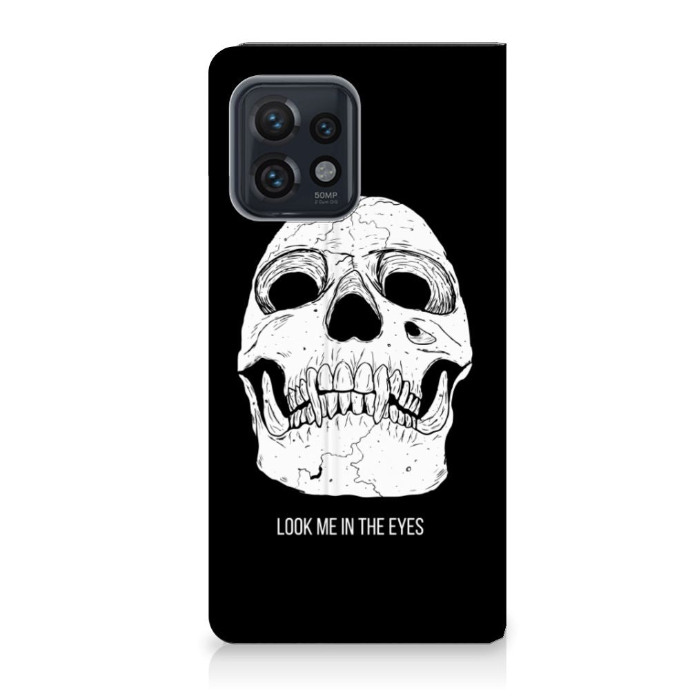 Mobiel BookCase Motorola Edge 40 Pro Skull Eyes met een uniek skeletontwerp voor gebruiksgemak en bescherming.