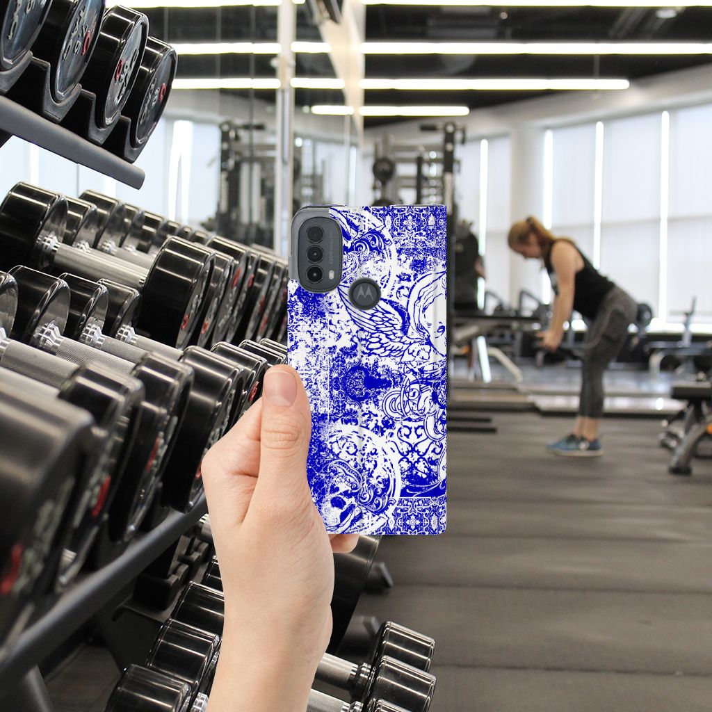 Mobiel BookCase Motorola Moto E20 Angel Skull Blauw hand fitness ruimte dumbbells