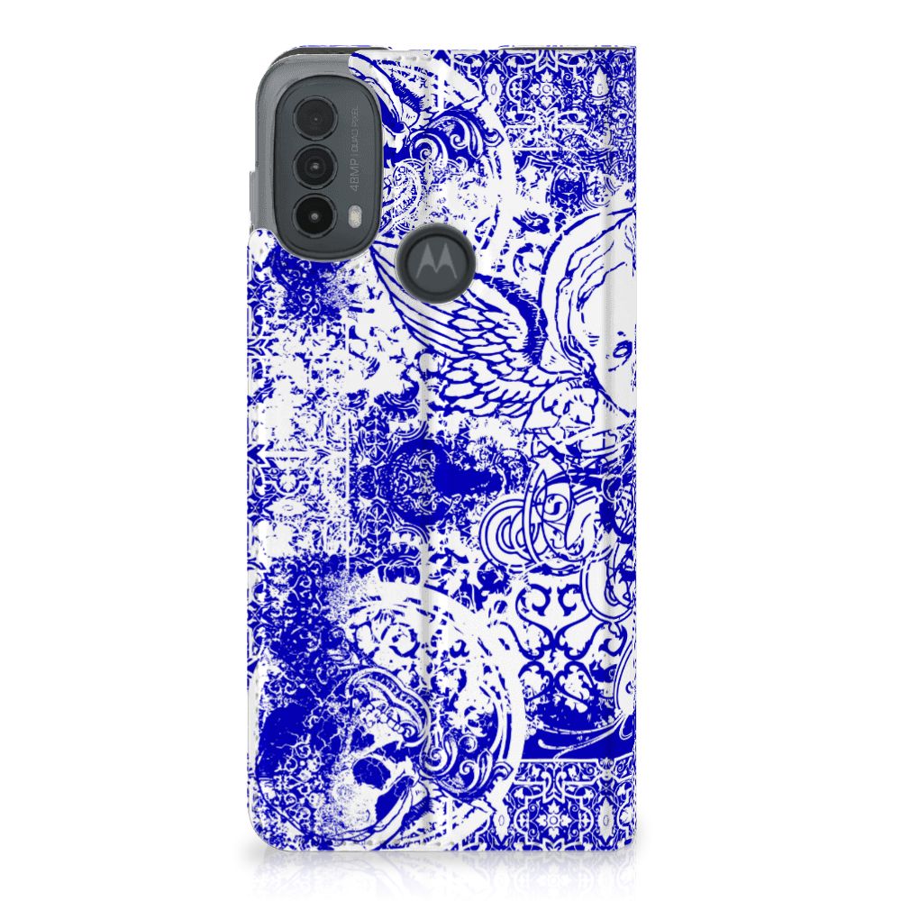 Mobiel BookCase Motorola Moto E20 Angel Skull Blauw design blauw patroon aanzicht