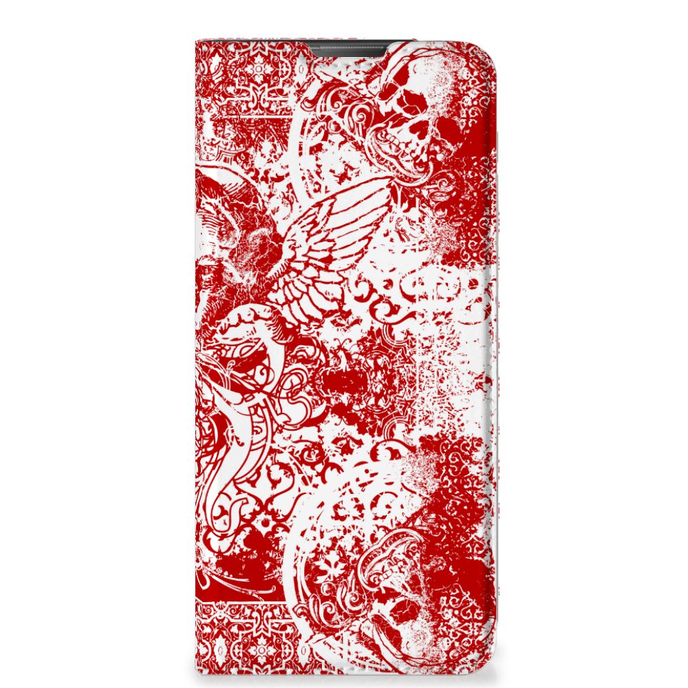 Mobiel BookCase Motorola Moto E20 Angel Skull Rood bandana design voorkant