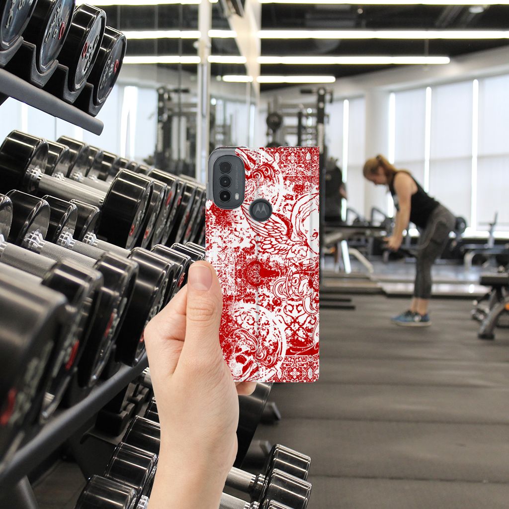 Mobiel BookCase Motorola Moto E20 Angel Skull Rood design Angel Skull Red aanzicht