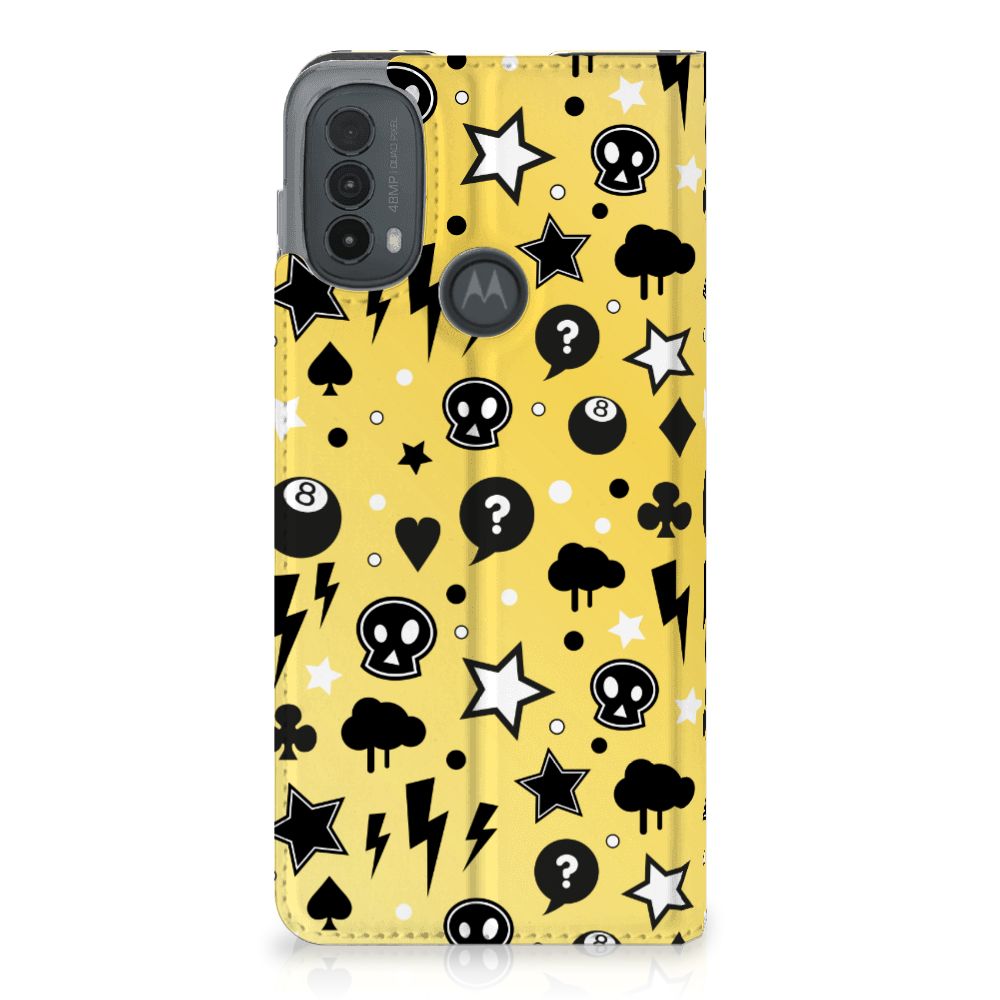 Mobiel BookCase Motorola Moto E20 Punk Geel ontwerp zwart wit patroon voorzijde