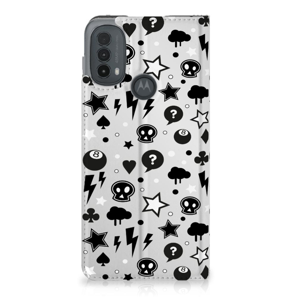 Mobiel BookCase Motorola Moto E20 Silver Punk voorkant design grafisch zwart wit