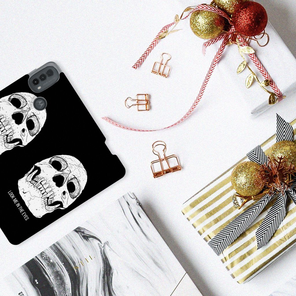 Mobiel BookCase Motorola Moto E20 Skull Eyes design voorkant