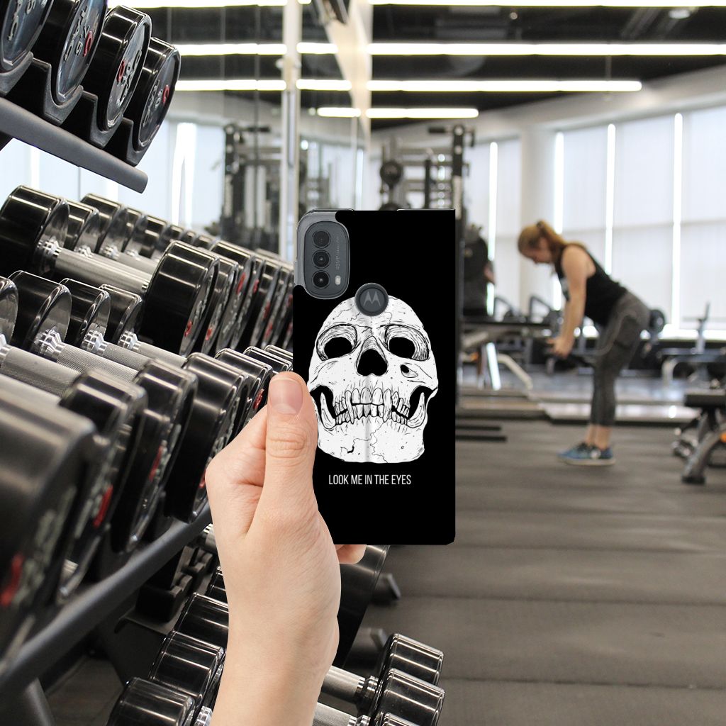 Mobiel BookCase Motorola Moto E20 Skull Eyes hand telefoon sportschool