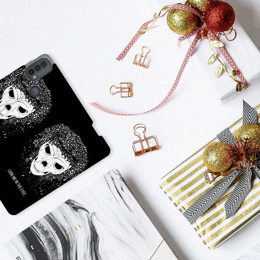 Mobiel BookCase Motorola Moto E20 Skull Hair achterzijde met cadeaus en decoratie