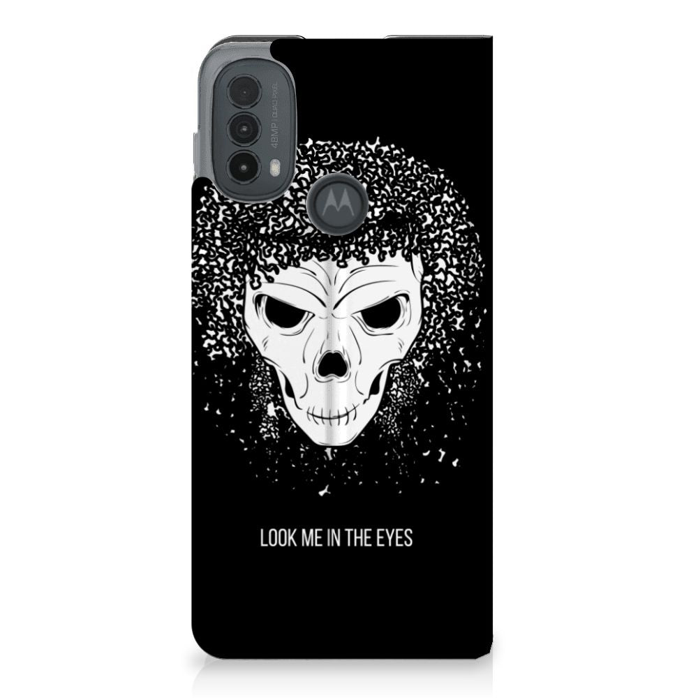 Mobiel BookCase Motorola Moto E20 Skull Hair achterkant design skull