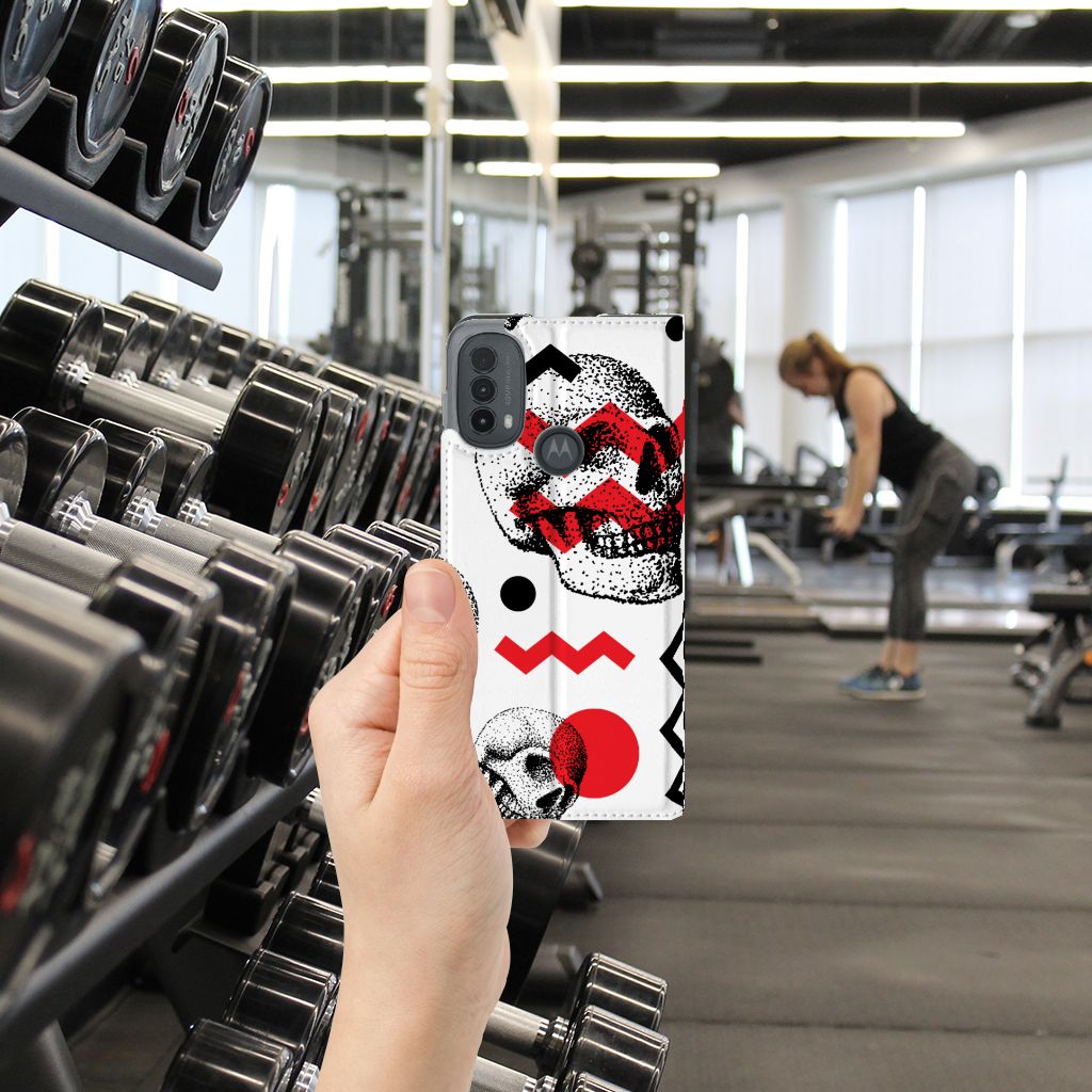 Mobiel BookCase Motorola Moto E20 Skull Red smartphone hoesje design handschuif op de gym vloer