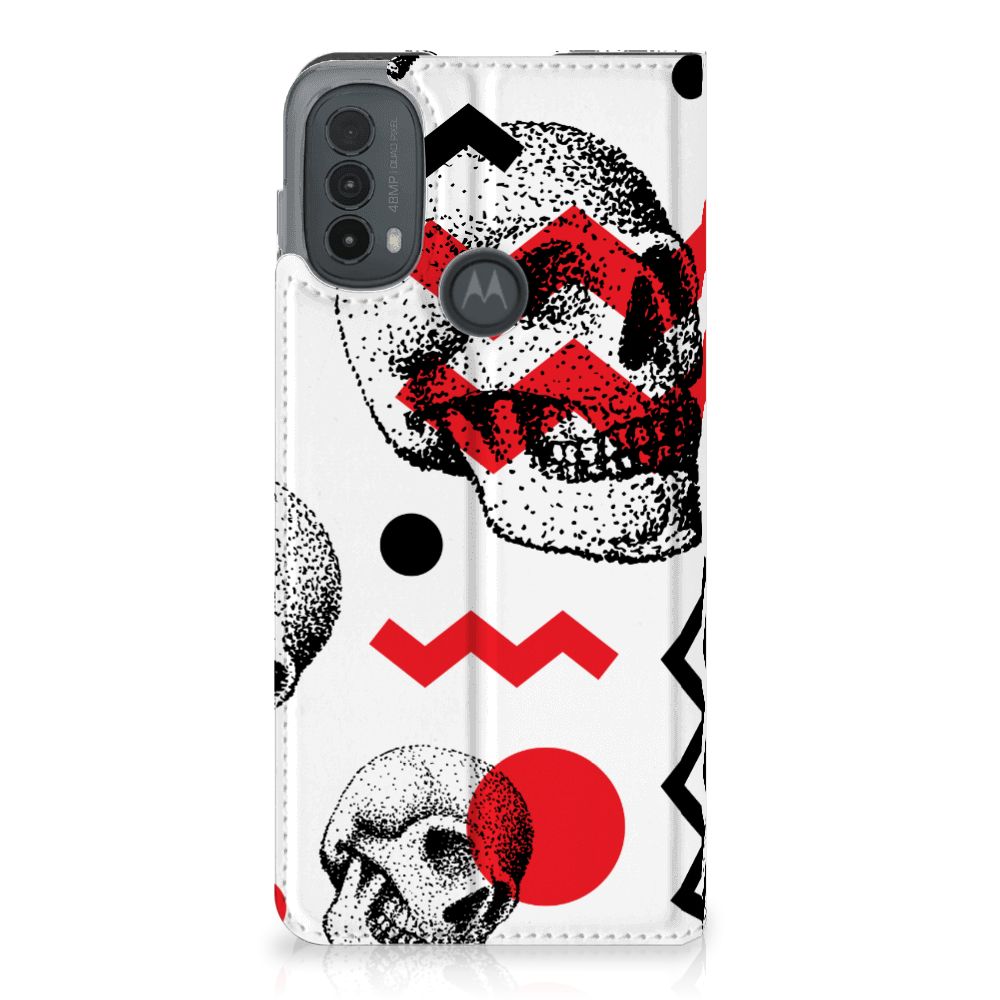 Mobiel BookCase Motorola Moto E20 Skull Red ontwerp met schedel patronen zwart rood wit