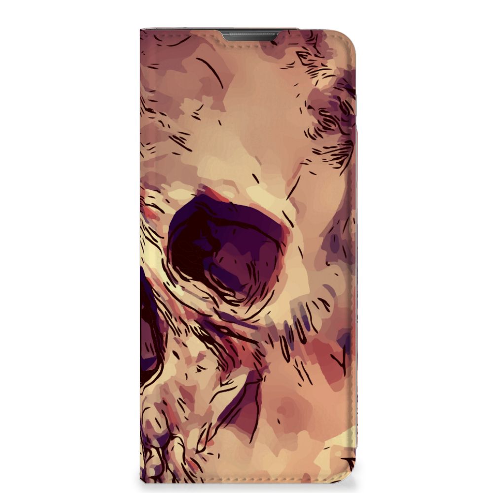 Mobiel BookCase Motorola Moto E20 Skullhead oranje schedel ontwerp front