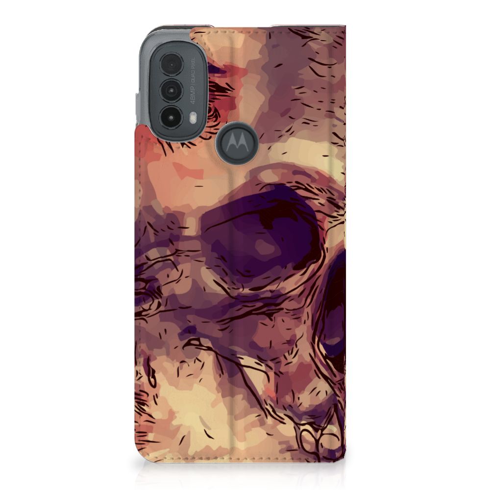 Mobiel BookCase Motorola Moto E20 Skullhead schedel oranje ontwerp achterzijde