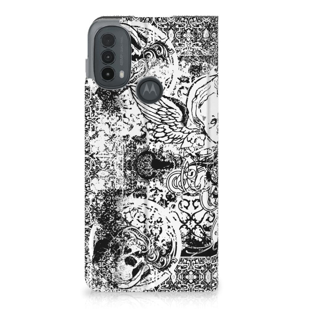 Mobiel BookCase Motorola Moto E20 Skulls Angel designpatroon achterzijde