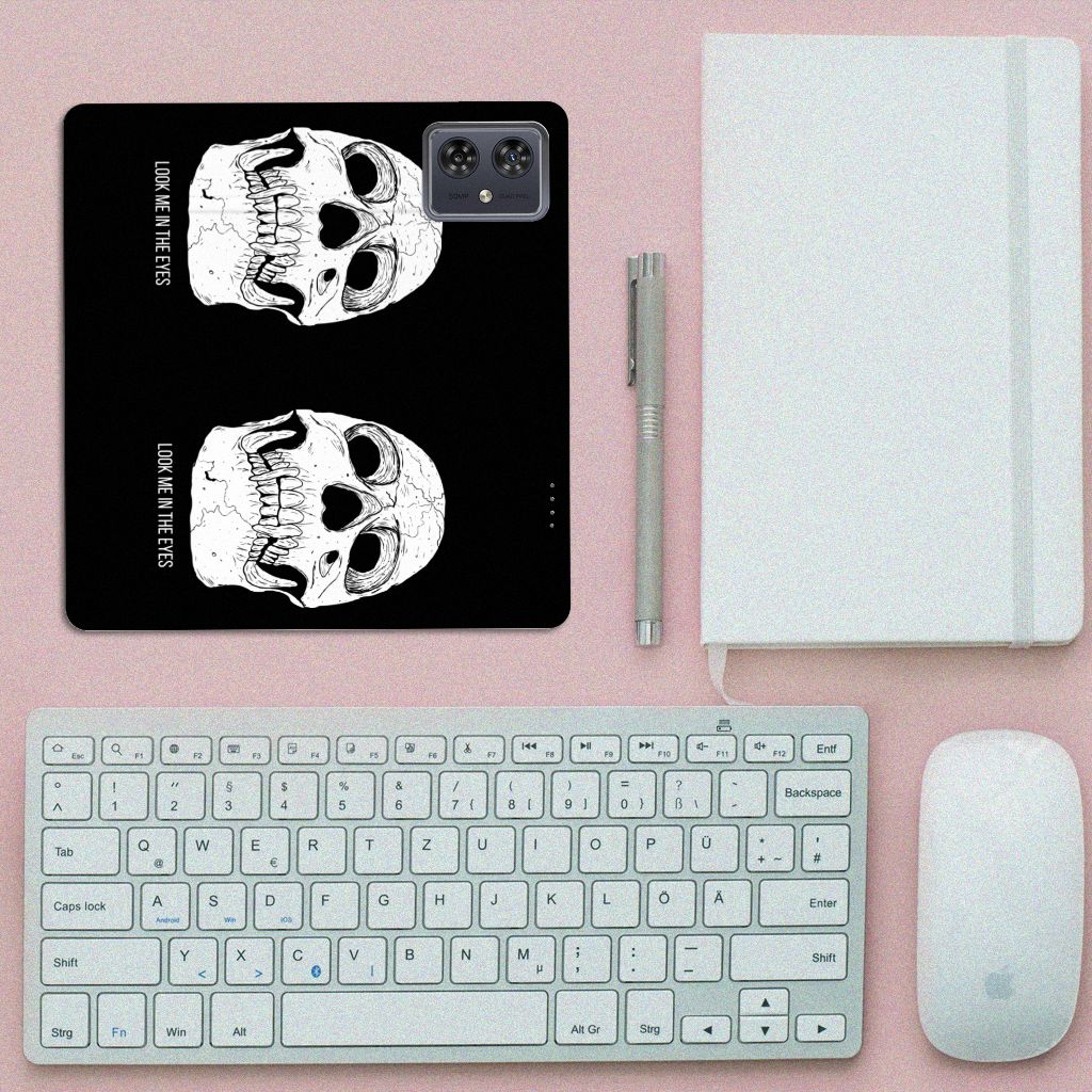 Mobiel BookCase Motorola Moto G54 Skull Eyes bovenaanzicht design zwart wit