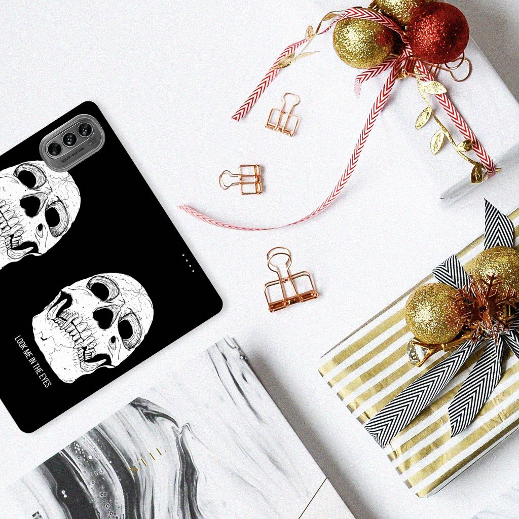 Mobiel BookCase Motorola Moto G62 5G Skull Eyes design bovenaanzicht