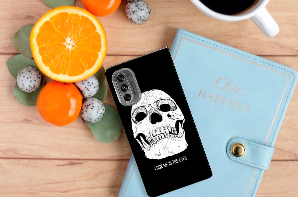 Mobiel BookCase Motorola Moto G62 5G Skull Eyes design achterkant