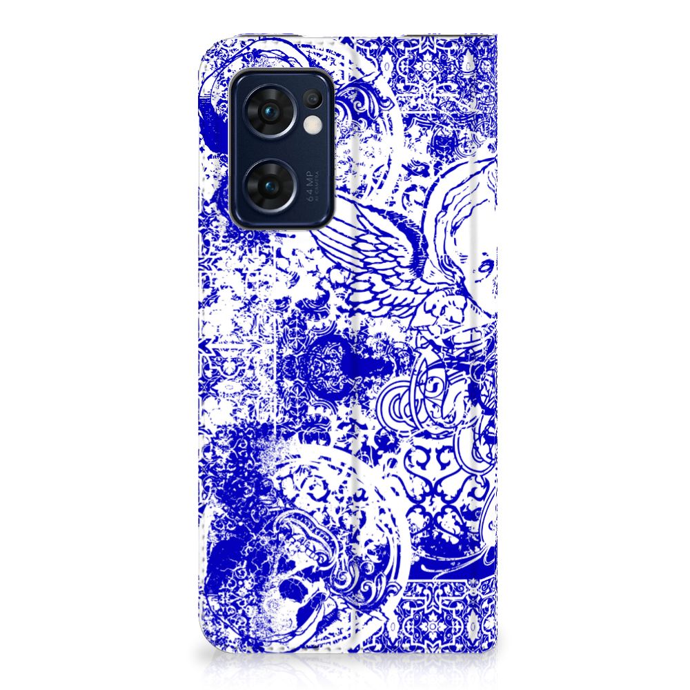 Mobiel BookCase OPPO Find X5 Lite | Reno7 5G Angel Skull Blauw designskeleton blue