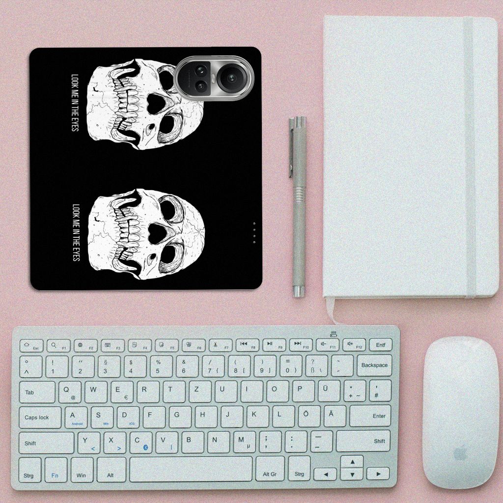 Mobiel BookCase OPPO Reno10 | 10 Pro Skull Eyes ontwerp bovenaanzicht