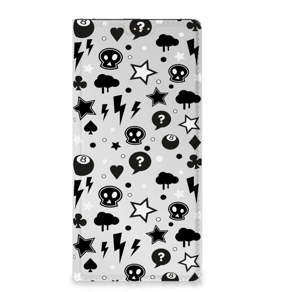 Mobiel BookCase OPPO Reno8 T 5G Silver Punk design skulls sterren donderwolken biljartballen zwart wit