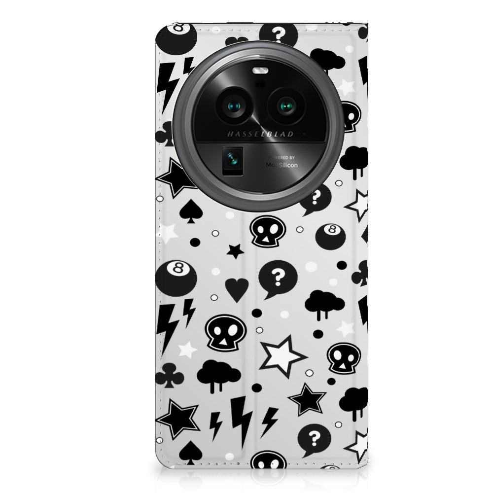 Mobiel BookCase OPPO X6 Pro Silver Punk achterkant ontwerp zwart wit