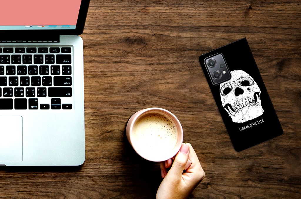 Mobiel BookCase OnePlus Nord CE 2 Lite 5G Skull Eyes telefoonhoesje bureau laptop koffie