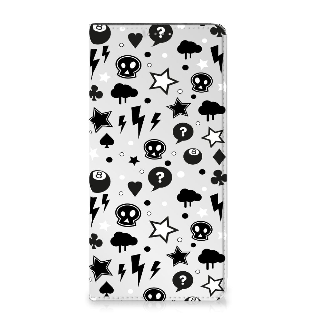 Mobiel BookCase Samsung Galaxy A14 4G Silver Punk met zwart-witte patroon met doodskoppen en sterren