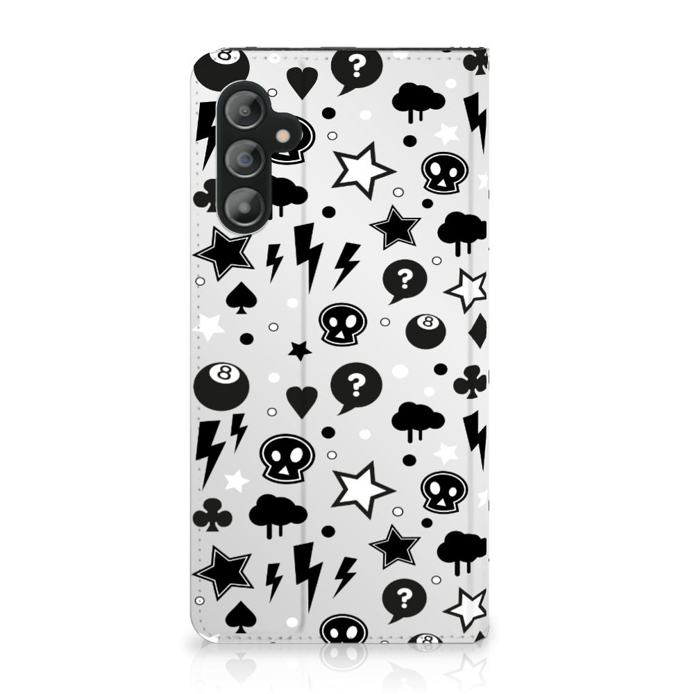 Mobiel BookCase Samsung Galaxy A14 4G Silver Punk met zwarte sterren, vlinders en vraagtekens op een witte achtergrond.