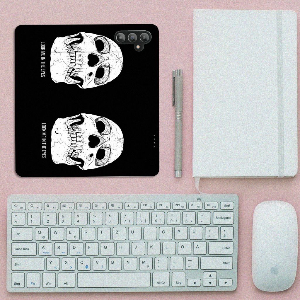 Mobiel BookCase Samsung Galaxy A14 4G Skull Eyes design zwart front