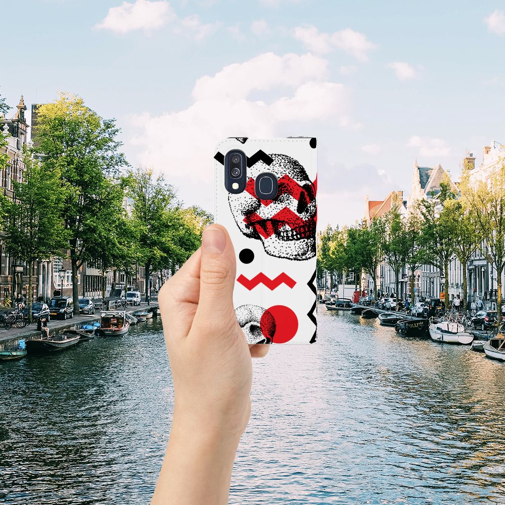 Mobiel BookCase Samsung Galaxy A40 Skull Red