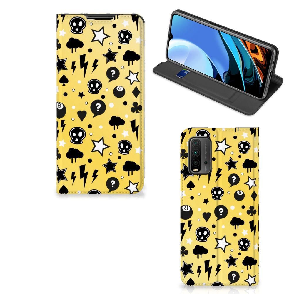 Mobiel BookCase Xiaomi Poco M3 | Redmi 9T Punk Geel design punkgeel aanzicht voorkant achterkant