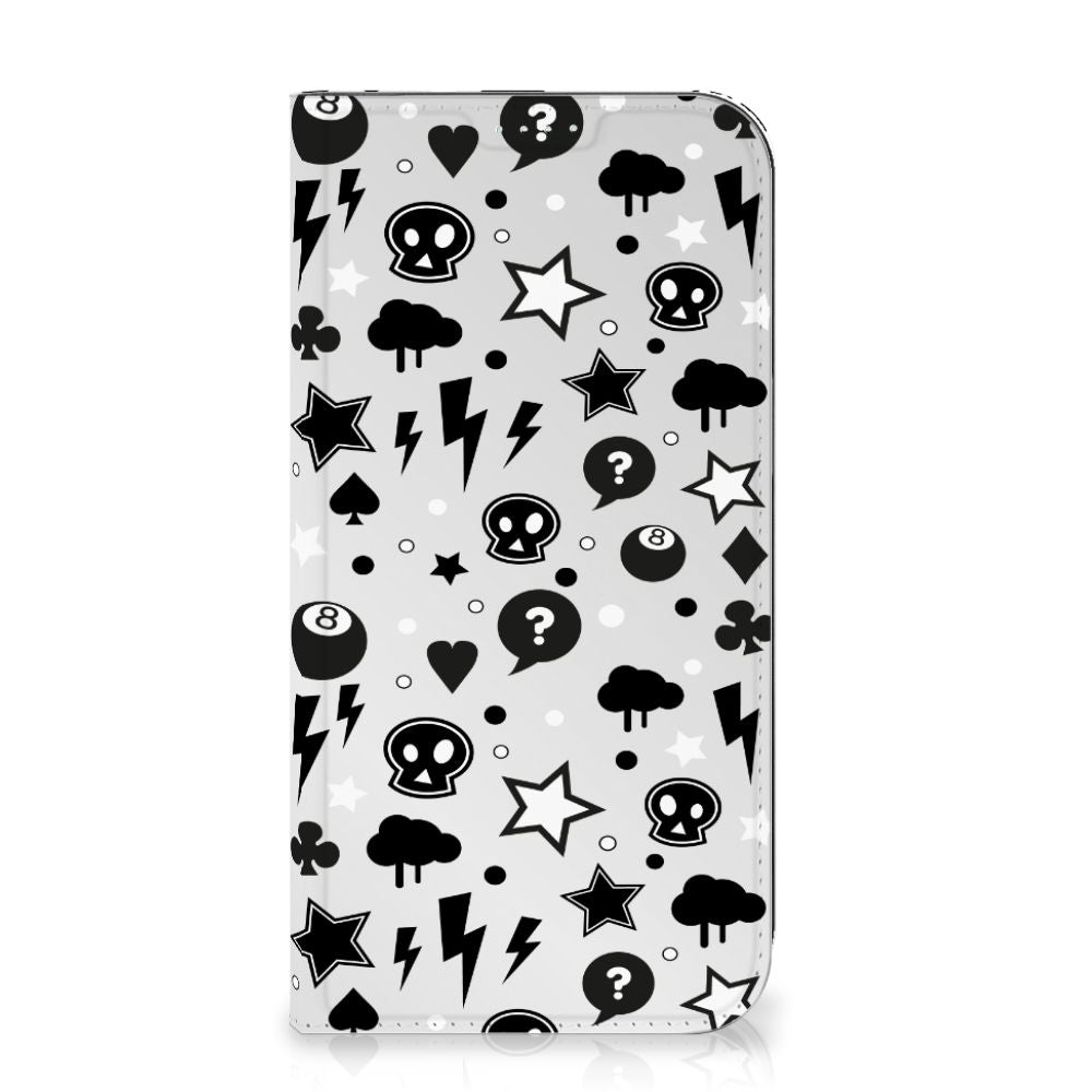 Mobiel BookCase iPhone 15 Plus Silver Punk met stoere zwart-witte illustraties van sterren, schedels en bliksem ⚡.